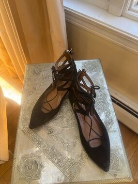 Aquazzura Black Suede Christy Lace-Up Flats